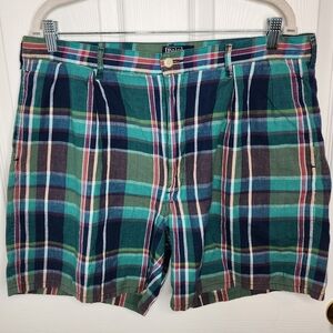 Vintage Polo Ralph Lauren Plaid Shorts 100% Cotton Made In U.S.A. Green Blue